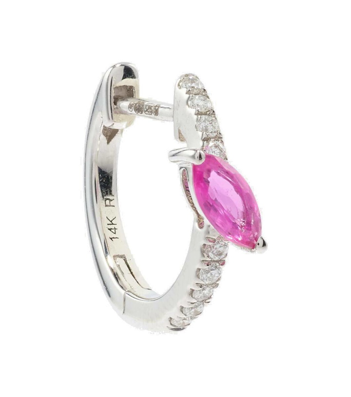 Photo: Roxanne First 14kt white gold single hoop earring with diamonds and pink sapphire