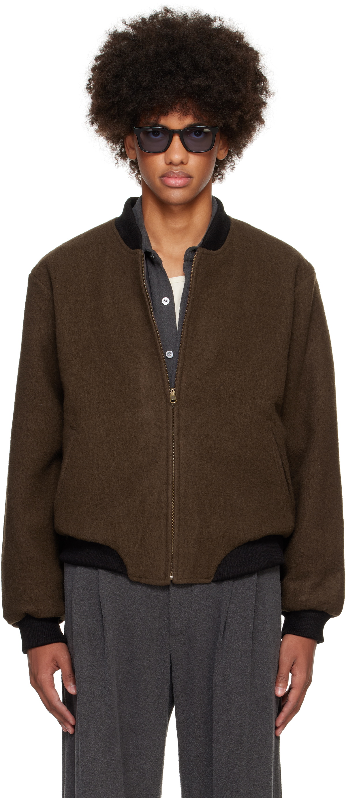 Small Talk Studio Brown Wool Fleece Reversible Bomber Jacket