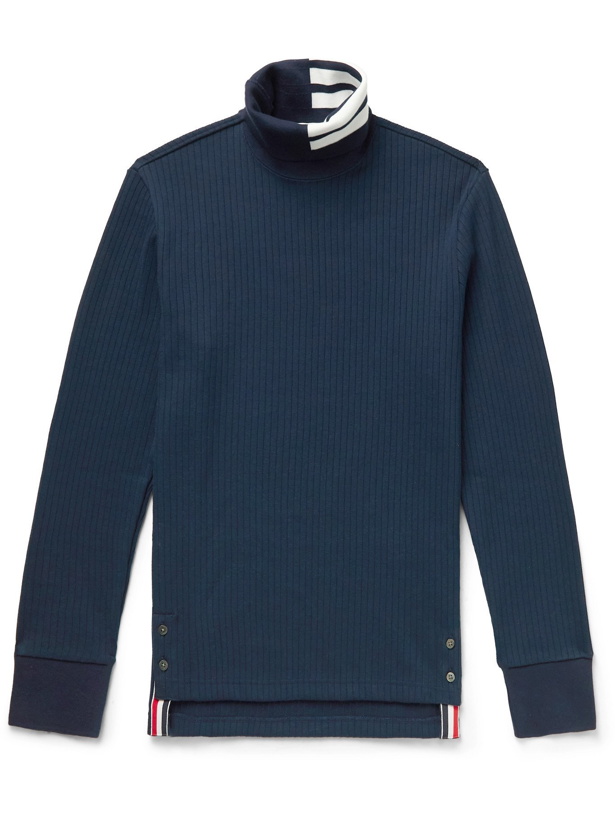 Photo: THOM BROWNE - Slim-Fit Ribbed Cotton Rollneck Sweater - Blue - 0