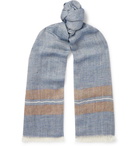 Brunello Cucinelli - Fringed Striped Linen, Silk and Cashmere-Blend Scarf - Blue