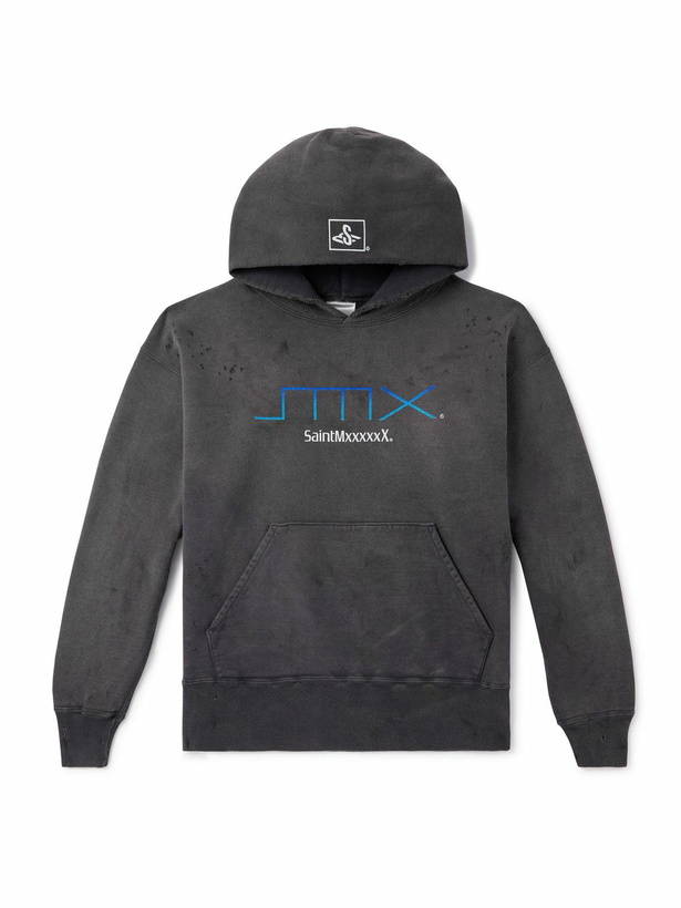 Photo: SAINT MXXXXXX - SMX6 Distressed Logo-Print Cotton-Jersey Hoodie - Black