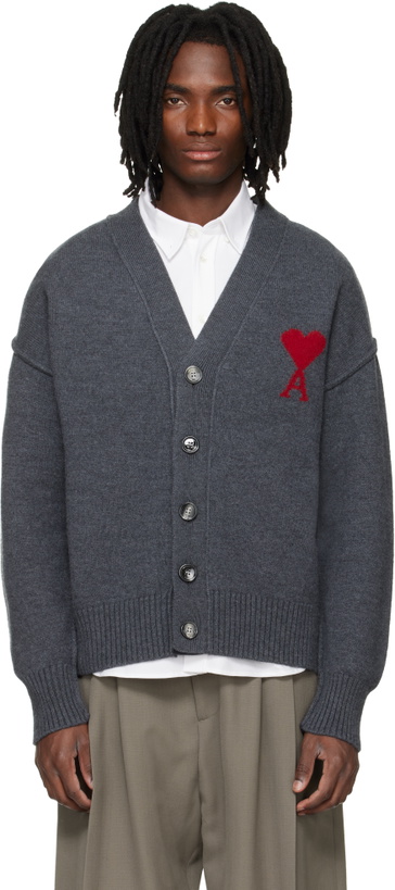 Photo: AMI Paris Gray Wool Contrasted Ami de Coeur Cardigan