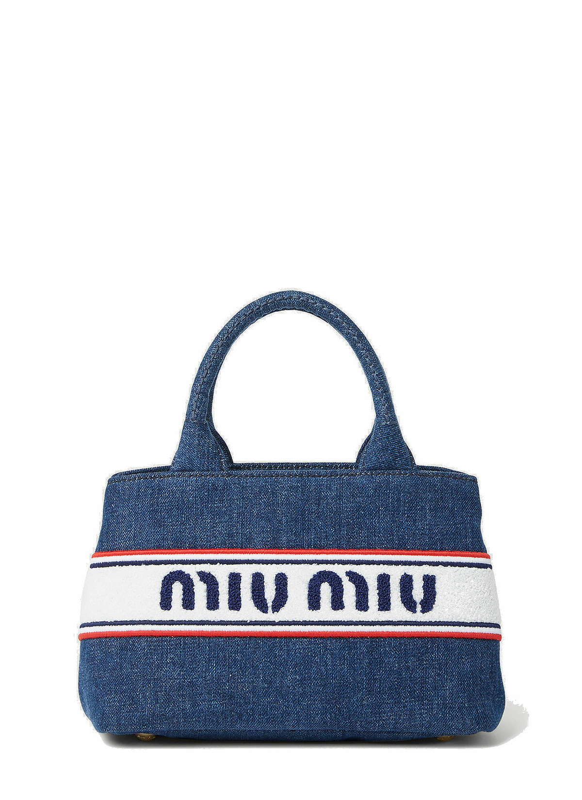 Miu Miu - Striped Logo Tote Bag in Blue Miu Miu
