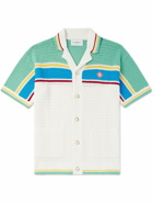 Casablanca - Camp-Collar Logo-Appliquéd Striped Open-Knit Stretch-Cotton Shirt - White