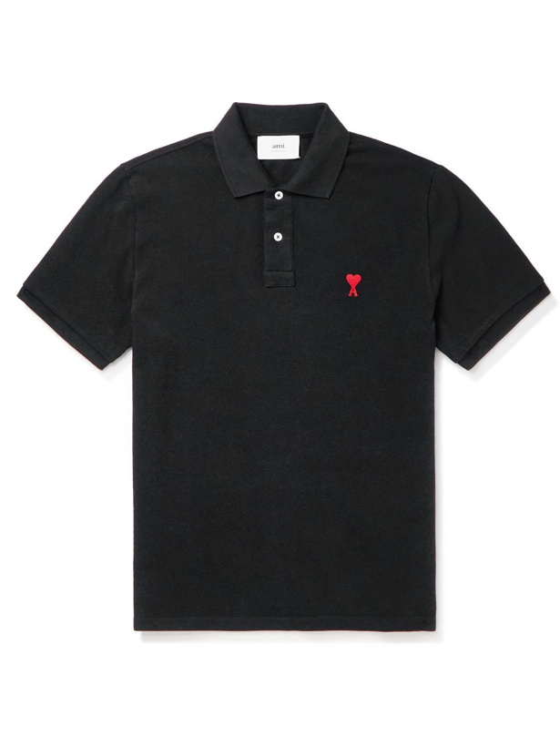 Photo: AMI PARIS - Logo-Embroidered Cotton-Piqué Polo Shirt - Black