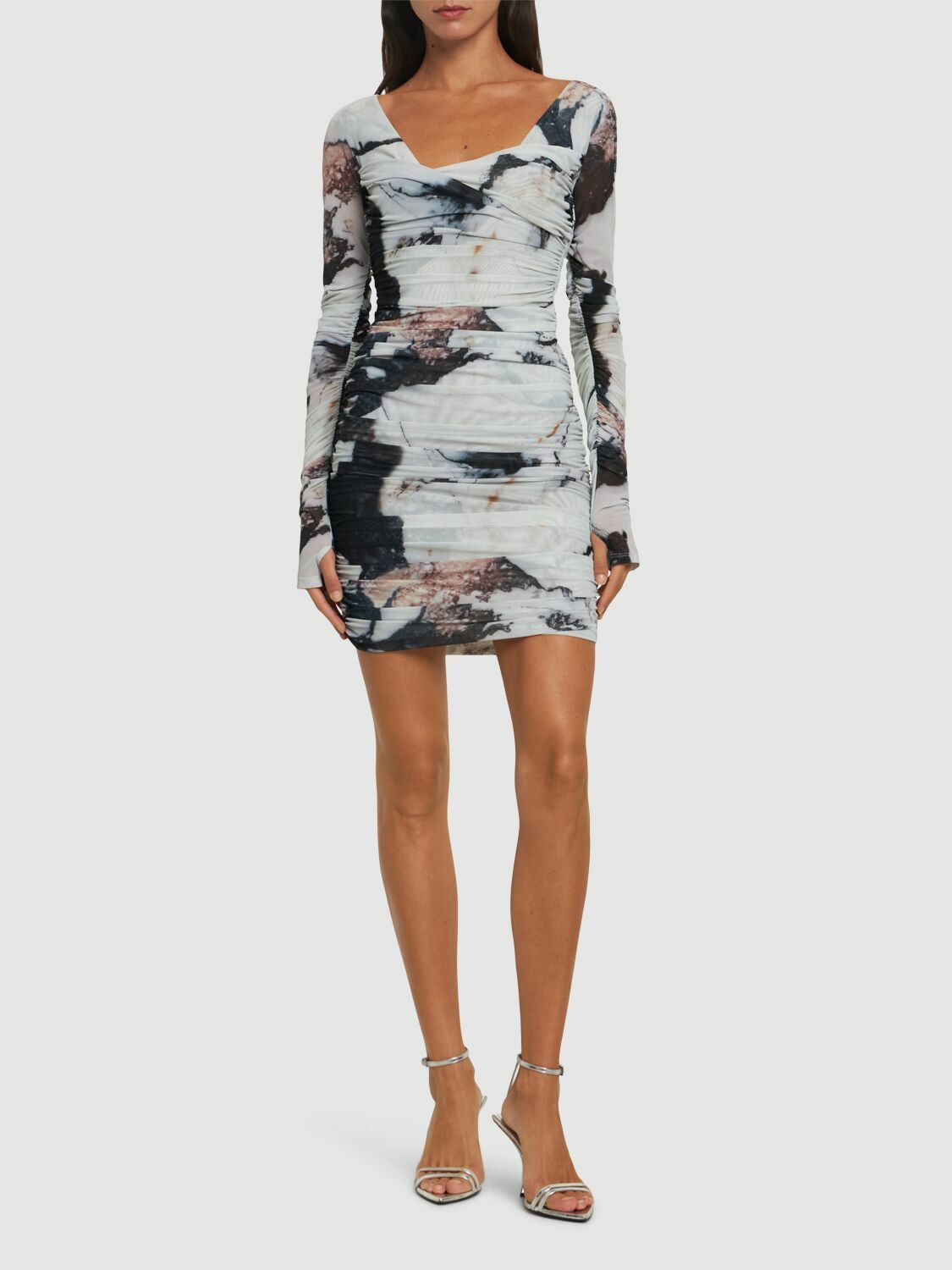 ROBERTO CAVALLI Marmo Printed Stretch Tulle Mini Dress Roberto Cavalli