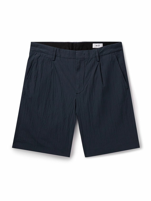 Photo: NN07 - Bill 5721 Straight-Leg Pleated Crinkled Organic Cotton-Blend Shorts - Blue