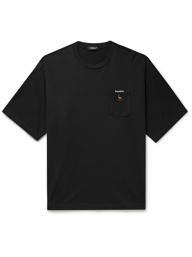 Photo: UNDERCOVER - Embroidered Printed Cotton-Jersey T-Shirt - Black