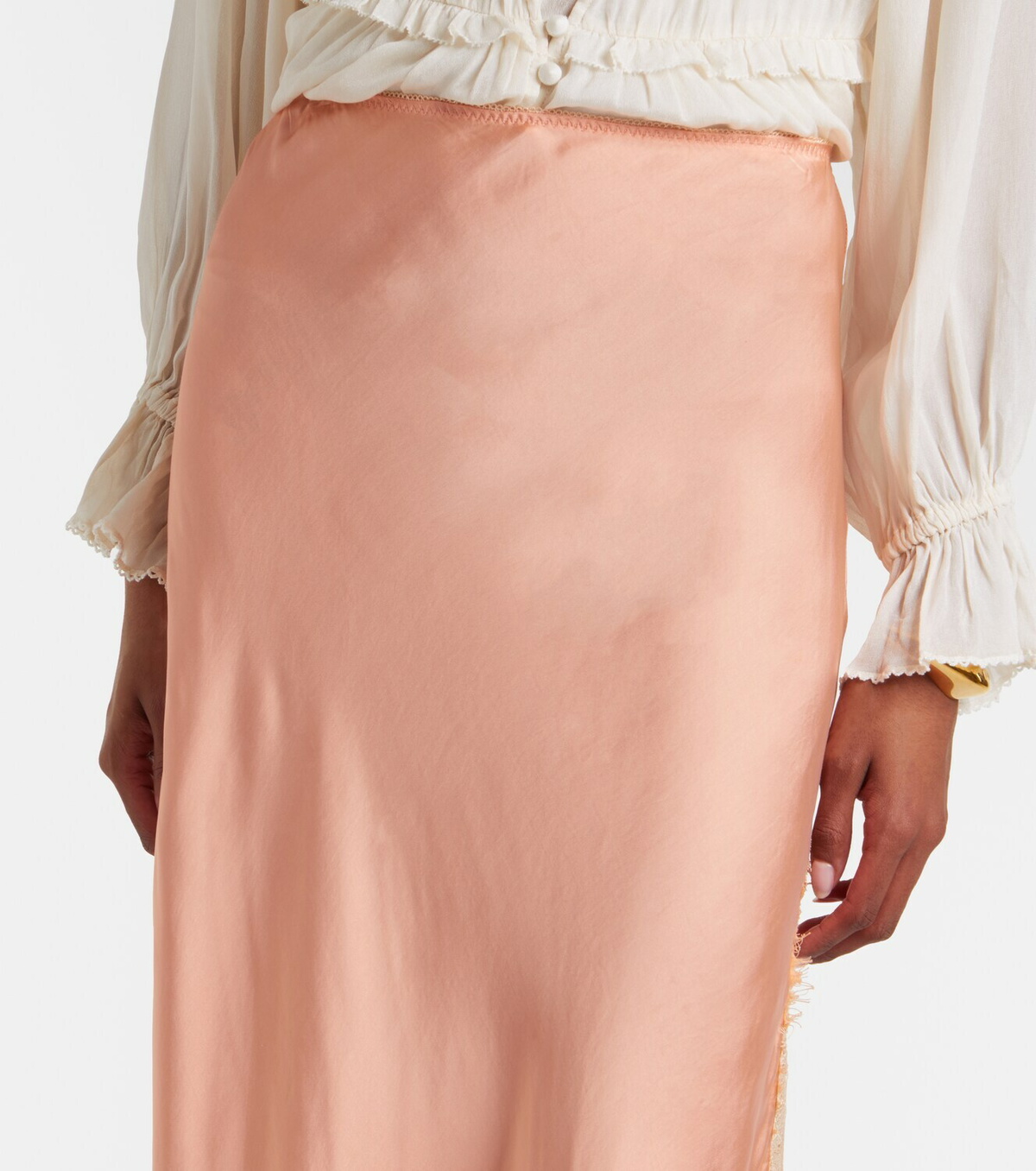Poupette St Barth Lace-trimmed satin midi skirt