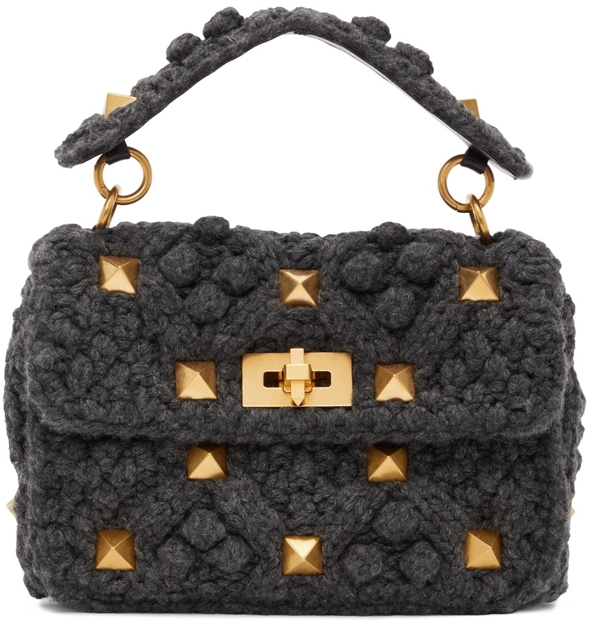 Valentino Garavani Grey Cashmere Medium Roman Stud Bag Valentino Garavani