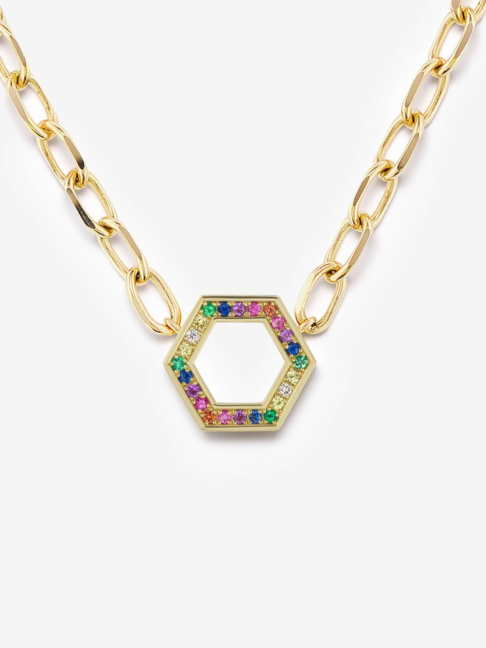 Harwell Godfrey 18K Yellow Gold Rainbow Sapphire Hexagon Necklace