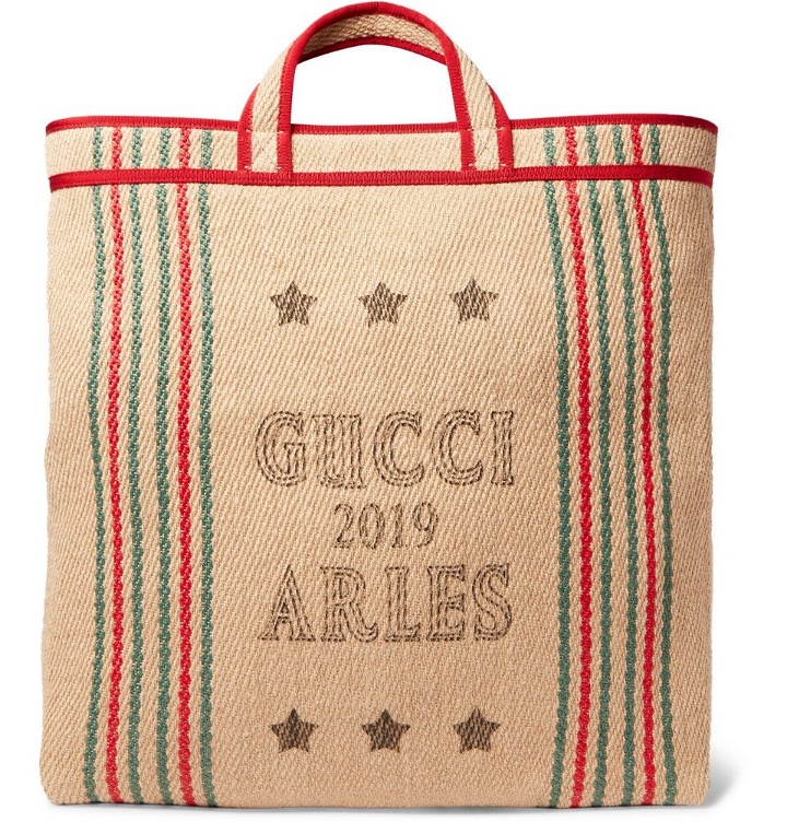 Photo: Gucci - Grosgrain-Trimmed Printed Hessian Tote Bag - Beige