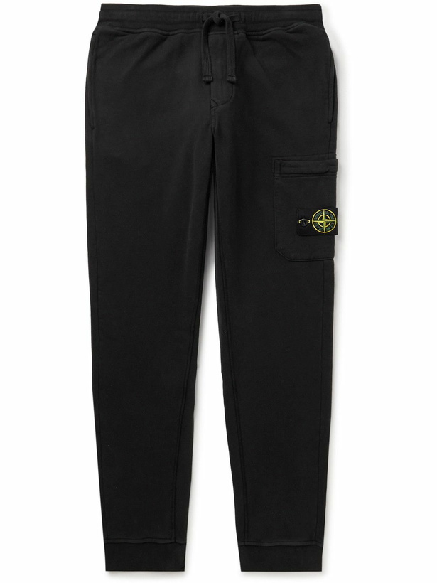 Photo: Stone Island - Slim-Fit Tapered Logo-Appliquéd Cotton-Jersey Sweatpants - Black