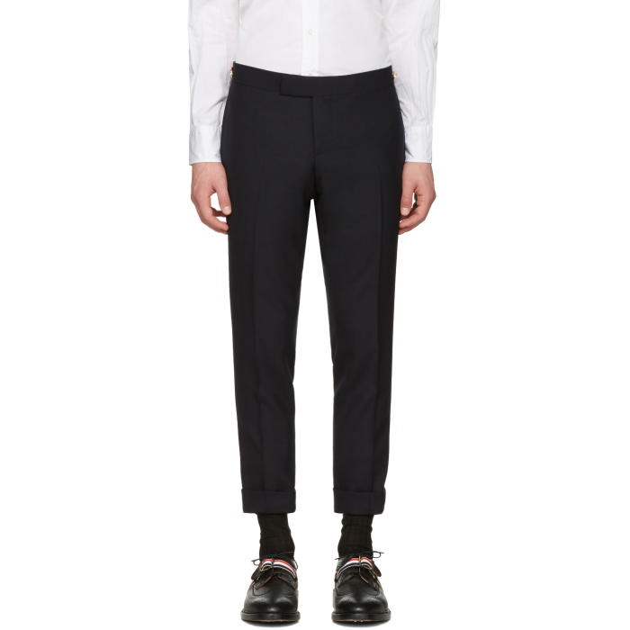Photo: Thom Browne Navy Low-Rise Skinny Side Tab Trousers
