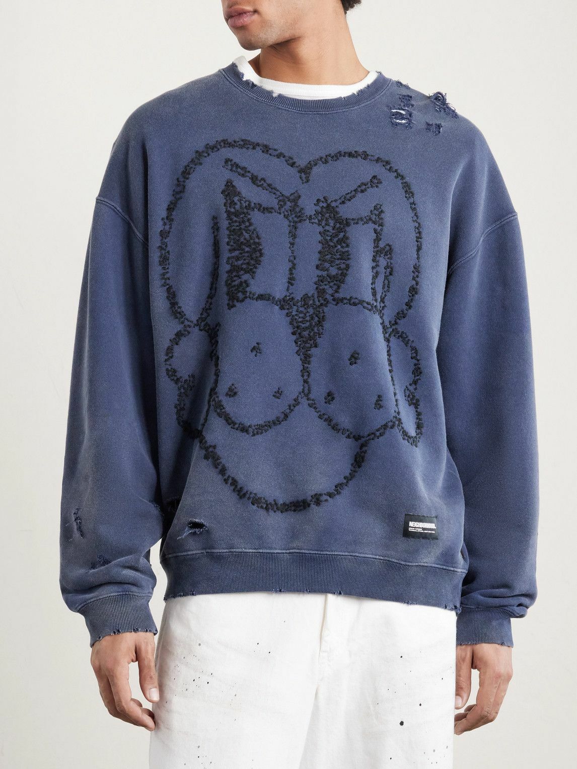 Neighborhood - Chito Savage Distressed Embroidered Cotton-Jersey Sweatshirt - Blue
