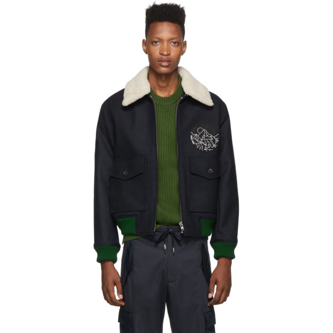 Photo: Kenzo Navy Melange Shearling Collar Blouson Jacket