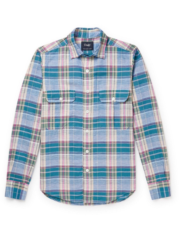 Photo: DRAKE'S - Slim-Fit Checked Linen and Cotton-Blend Shirt - Blue