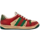 Gucci - Virtus Distressed Leather and Webbing Sneakers - Red