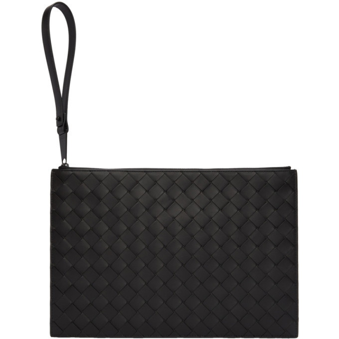 Photo: Bottega Veneta Black Intrecciato Flat Zip Pouch