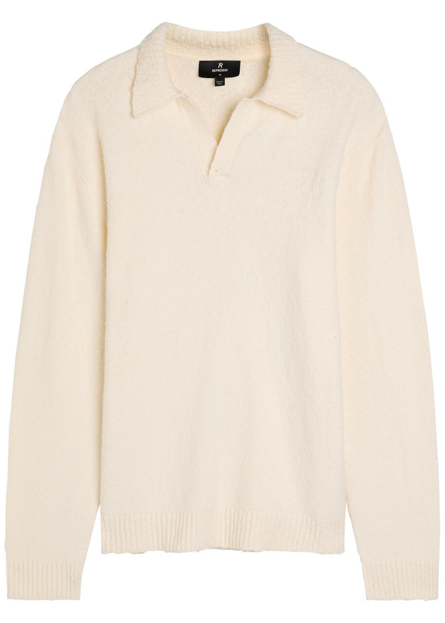 Represent Knitted Logo Bouclé Polo Jumper White