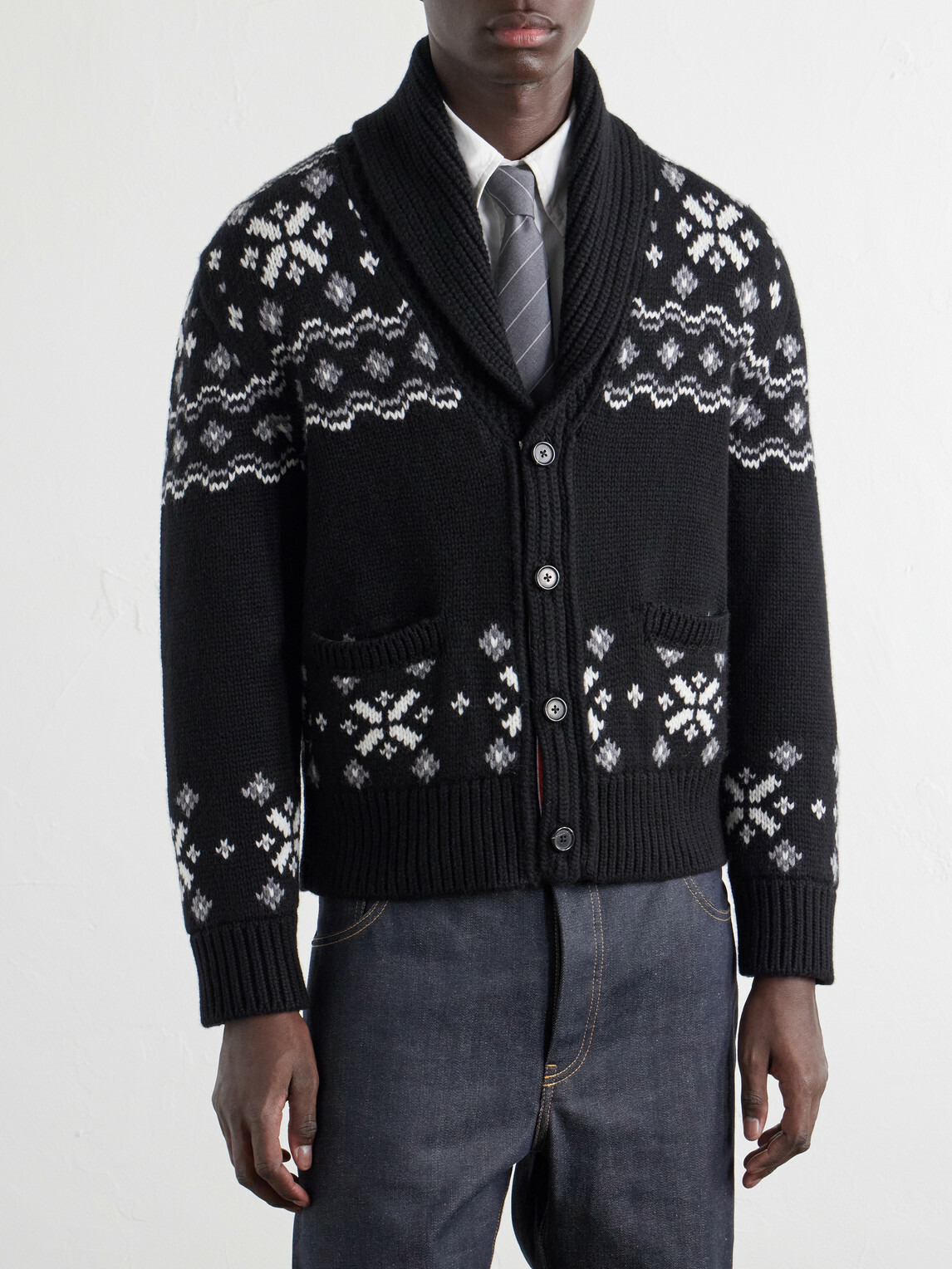 Thom Browne - Shawl-Collar Jacquard-Knitted Cashmere Cardigan - Black