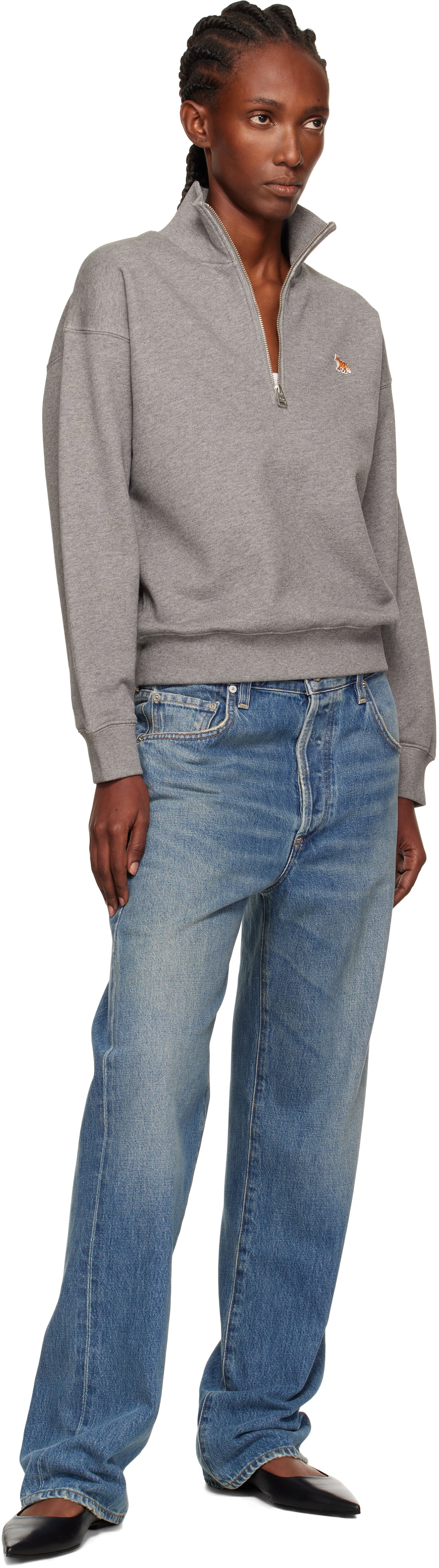 Maison Kitsuné Gray Half Zip Baby Fox Patch Sweatshirt