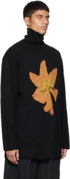 Yohji Yamamoto Black Wool Floral Intarsia Turtleneck Sweater