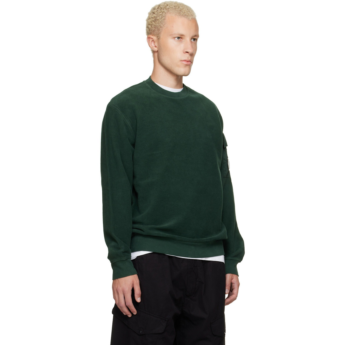 C.P. Company Green Crew Neck Brushed Emerized Diagonal Fleece Sweatshirt