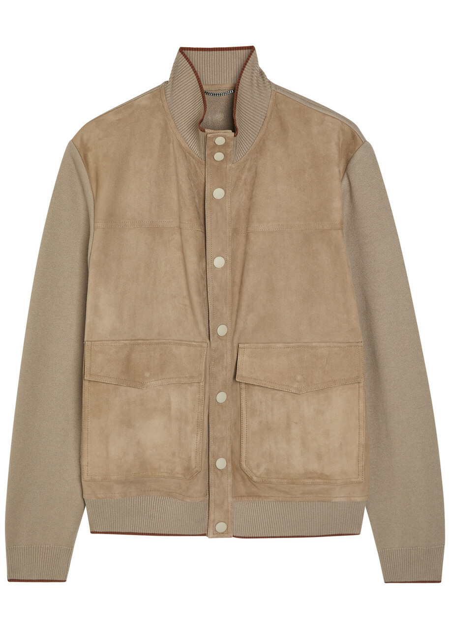 Canali Panelled Suede and Ribbed-knit Jacket Stone