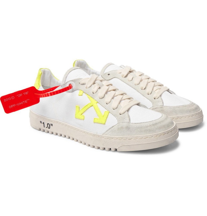 Photo: Off-White - 2.0 Distressed Suede-Trimmed Canvas Sneakers - White