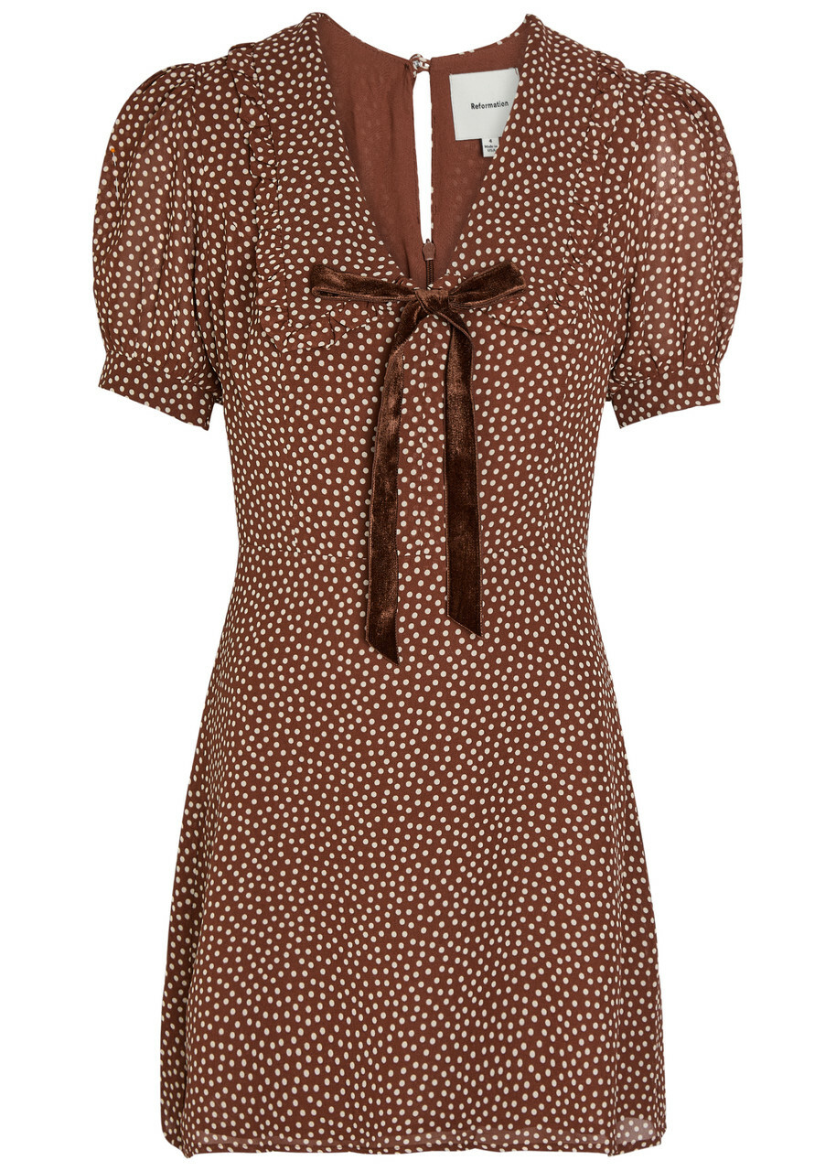 Reformation Kaylia Polka-dot Appliquéd Chiffon Mini Dress Brown