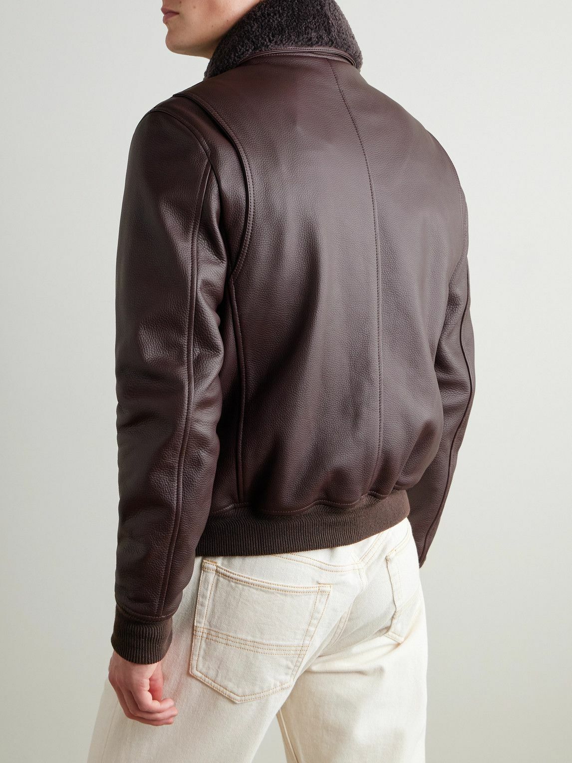 Mr P. - Shearling-Trimmed Full-Grain Leather Blouson Jacket - Purple