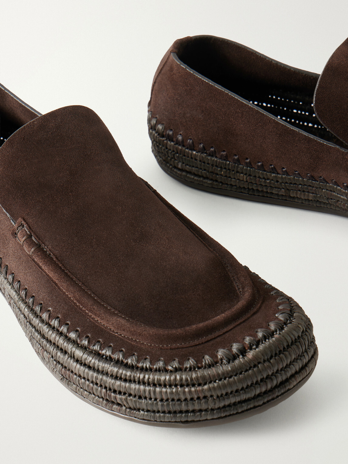 LOEWE - Paula's Ibiza Rio Raffia-Trimmed Suede Loafers - Brown