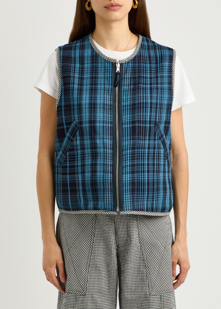 Ymc Jackie Checked Reversible Cotton-blend Gilet Grey