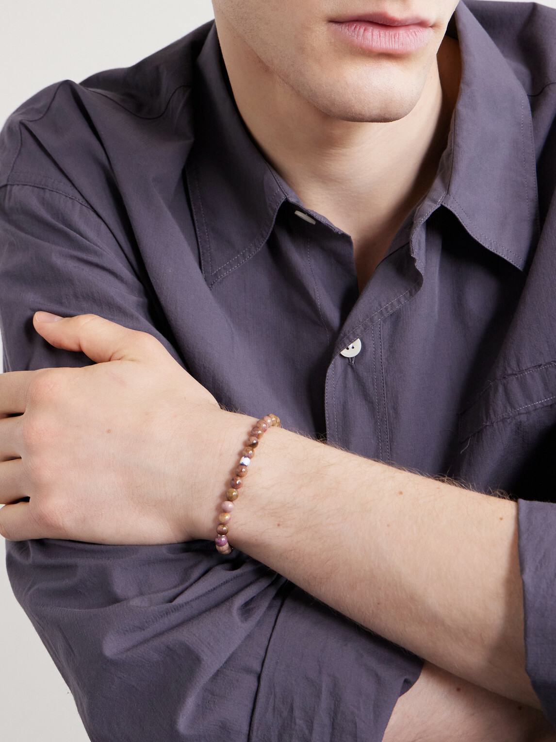 Mikia - Circle8 Sterling Silver, Tourmaline Cat's Eye and Charoite Beaded Bracelet - Brown