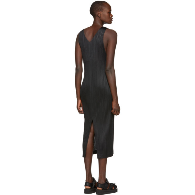 Pleats Please Issey Miyake Black Pleated V-Neck Dress Pleats