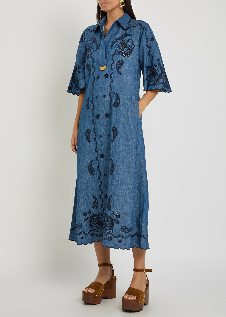 Zimmermann Aster Embroidered Denim Midi Dress Blue