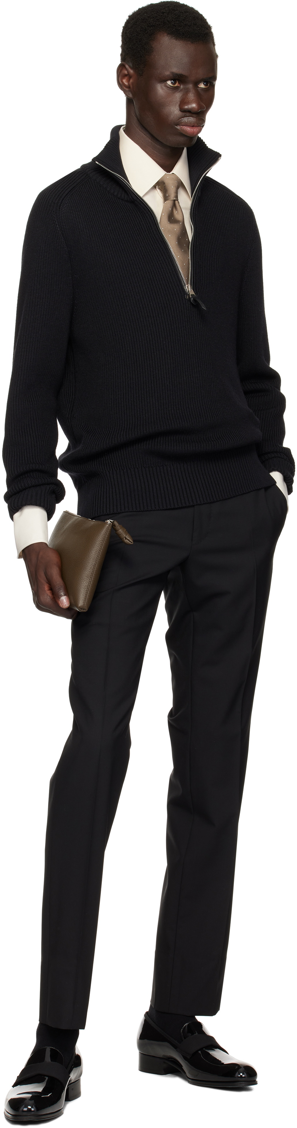 TOM FORD Black Silk Merino Rib Quarter Zip Sweater TOM FORD