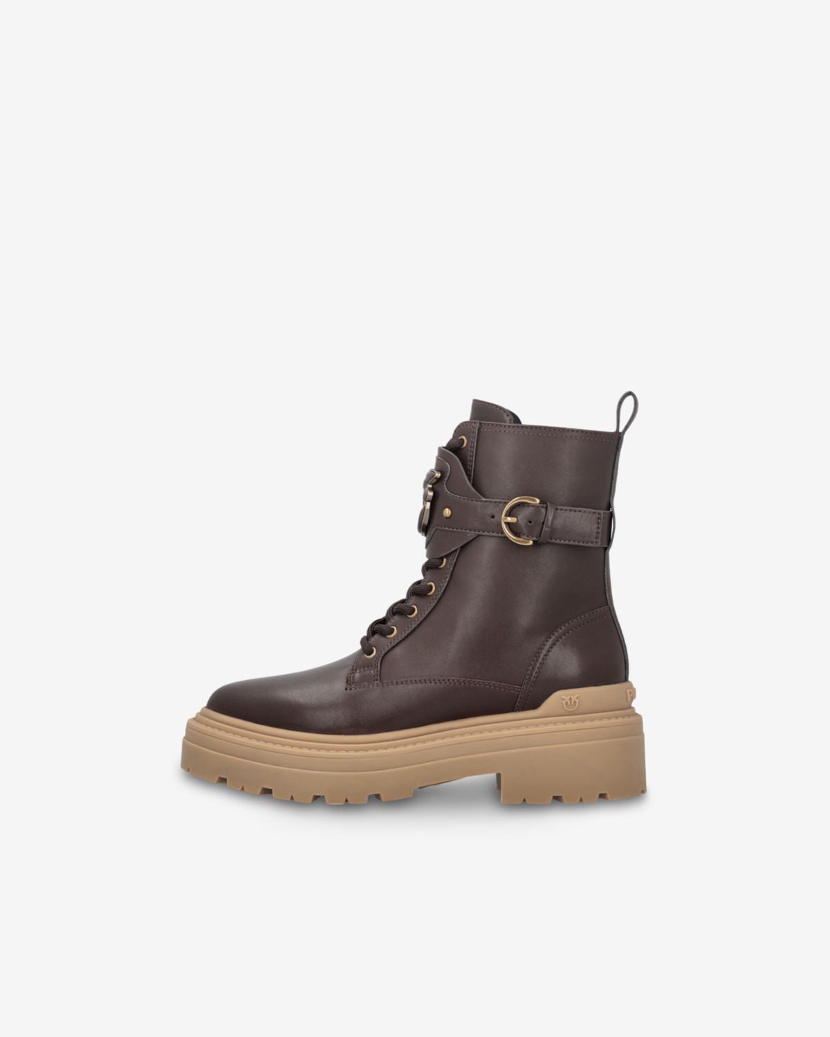 Pinko Leather Combat Boots With Branded Front Strap Peppercorn