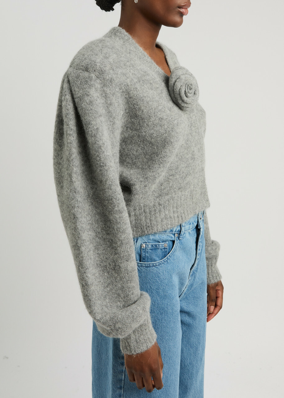 Rotate Sunday Floral-embellished Knitted Cardigan Grey