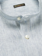 RUBINACCI - Grandad-Collar Striped Linen Half-Placket Shirt - Blue