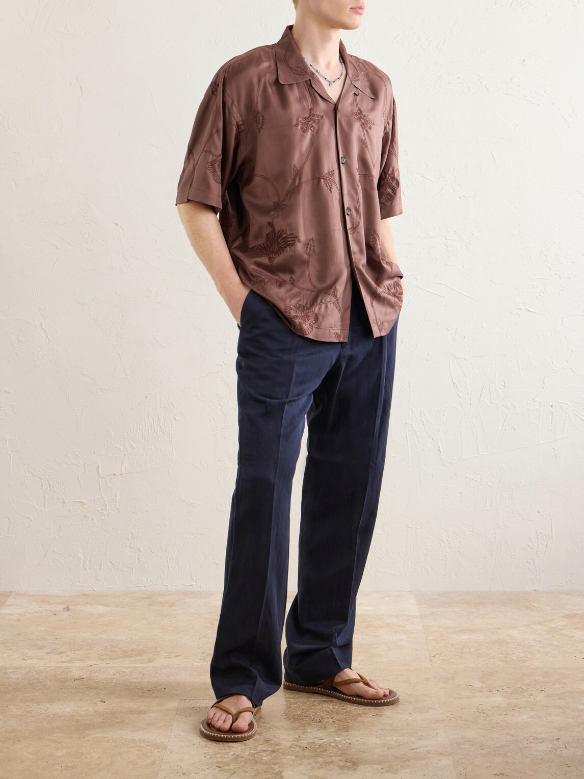 Kardo - Rohit Convertible-Collar Floral-Embroidered Silk-Satin Shirt - Brown