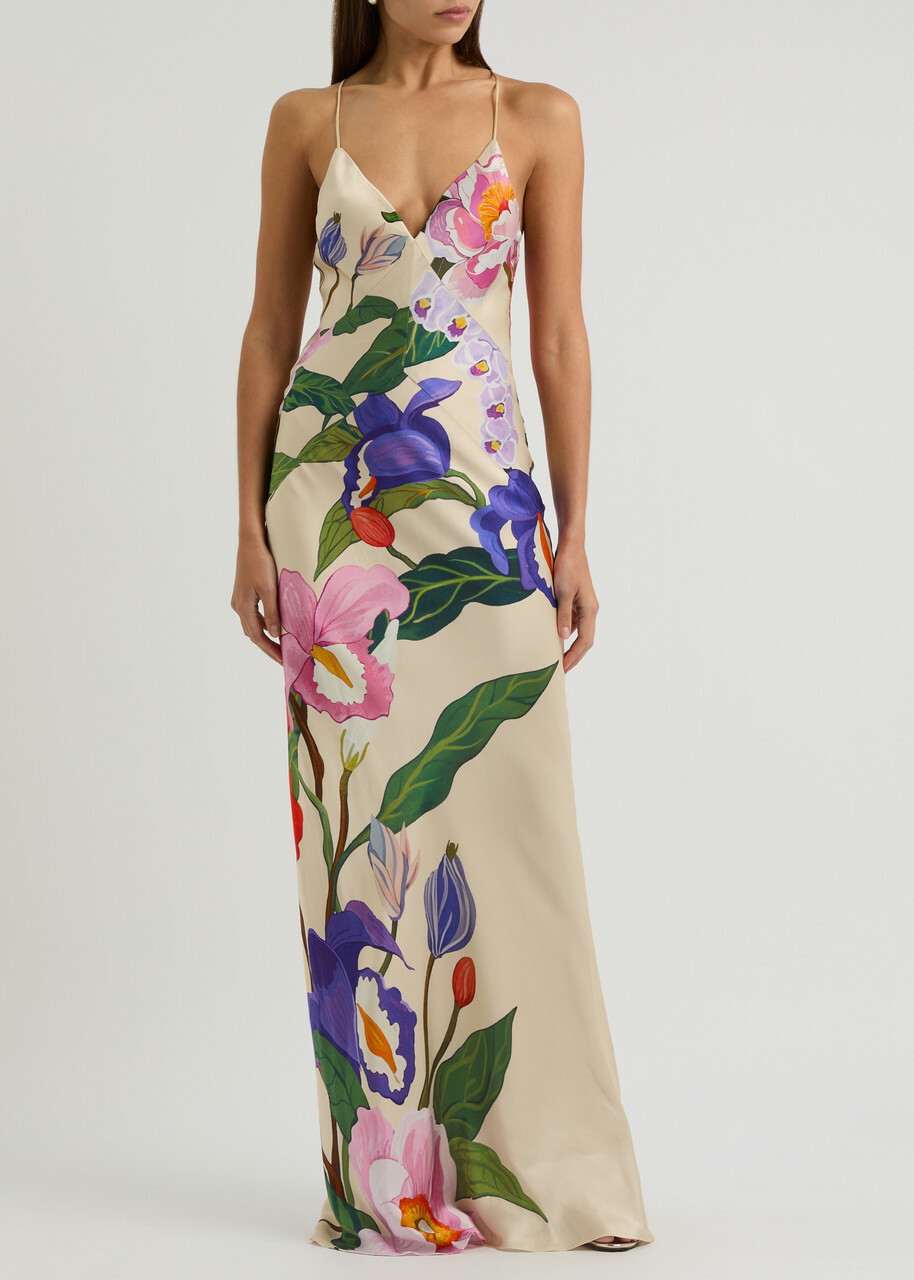 Borgo DE Nor Olive Floral-print Satin Maxi Dress Multicoloured