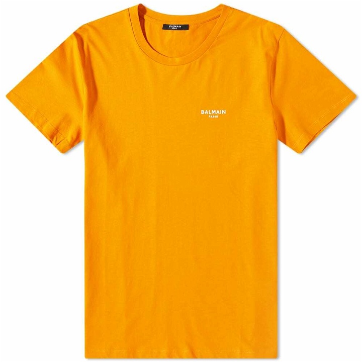 Photo: Balmain Men's Eco Small Logo Printed T-Shirt in Bright Orange/White