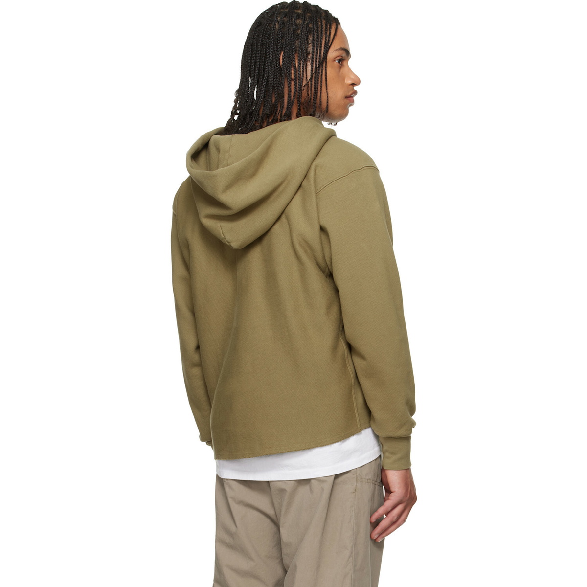 Les Tien Khaki Heavyweight Raw Cropped Hoodie
