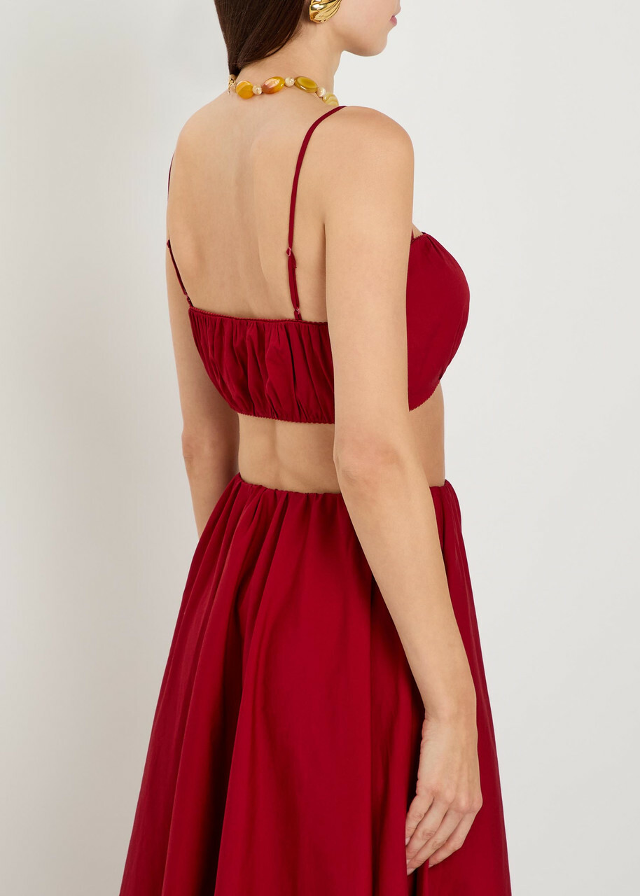 Staud Fiore Gathered Stretch-cotton Poplin Crop top Red