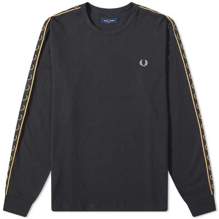 Photo: Fred Perry Authentic Men's Long Sleeve Contrast Taped Ringer T-Shirt in Black/1964 Gold