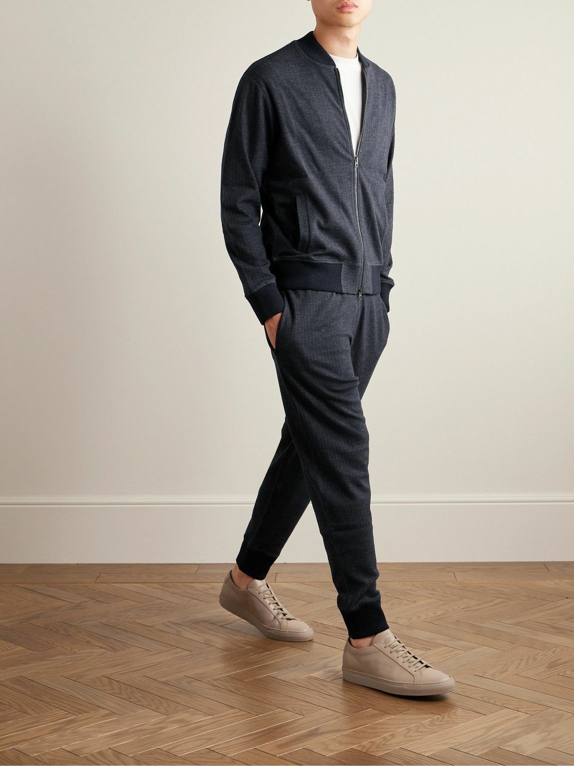 Kingsman - Tapered Herringbone Wool and Cotton-Blend Jersey Sweatpants - Blue