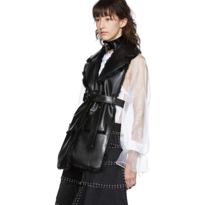 Noir Kei Ninomiya Black Faux-Leather and Faux-Fur Belted Vest Noir