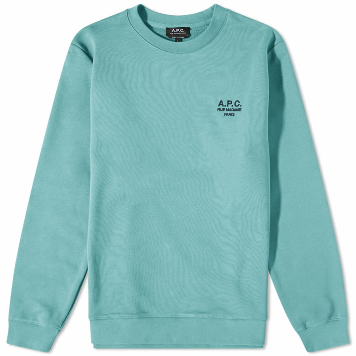 Photo: A.P.C. Men's A.P.C Rider Embroidered Logo Crew Sweat in Grey Green
